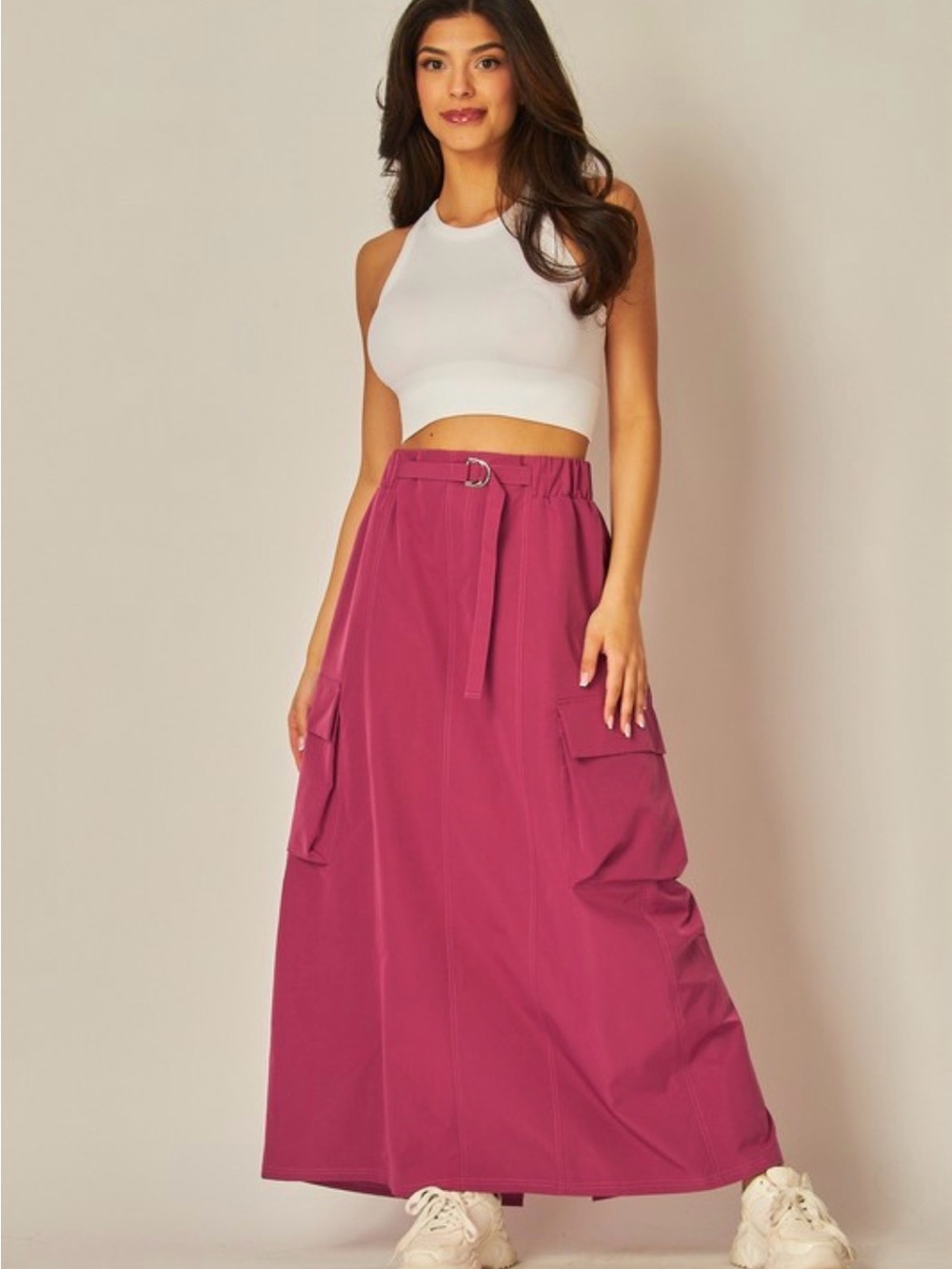 High-Waist Maxi Cargo Skirt in Raspberry
